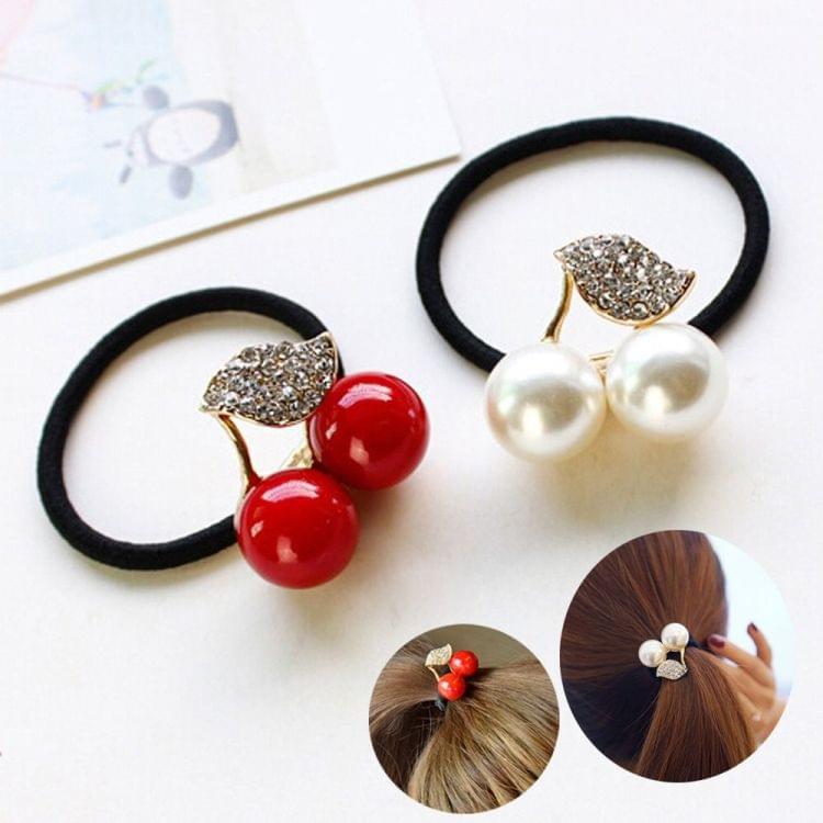 Fashion Cute Girls Hair Accessories Pearl Crystal Cherry Leaves Elastic Hair Rope(White)