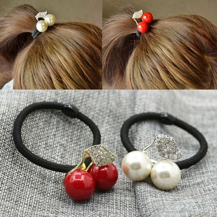 Fashion Cute Girls Hair Accessories Pearl Crystal Cherry Leaves Elastic Hair Rope(White)