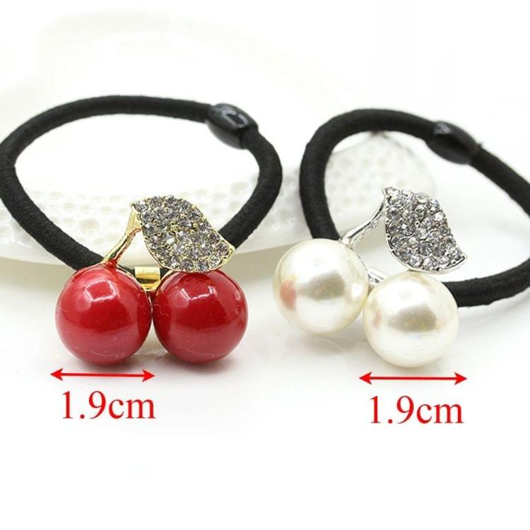 Fashion Cute Girls Hair Accessories Pearl Crystal Cherry Leaves Elastic Hair Rope(White)