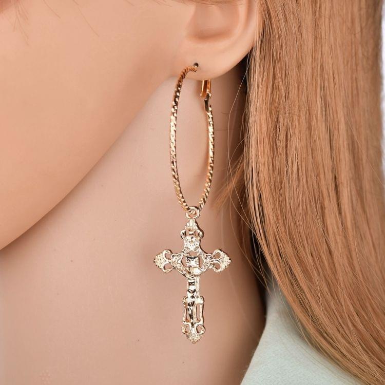 Punk Hyperbole Fashion Cross Pendant Big Circle Earring Jewelry(Silver )