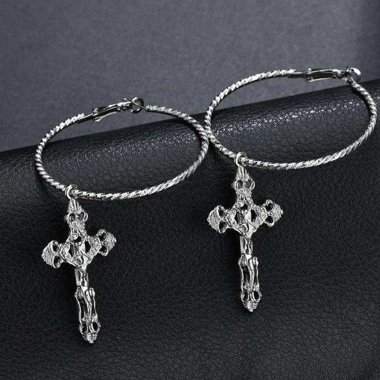 Punk Hyperbole Fashion Cross Pendant Big Circle Earring Jewelry(Silver )