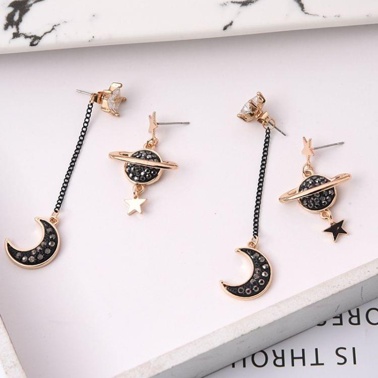 925 Sterling Silver Stars Moon Ladies Long Asymmetrical Personality Earrings