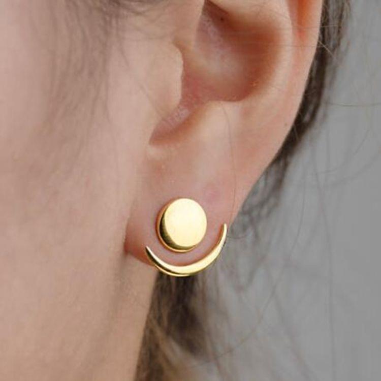 Trendy Crescent Moon Cute Ear Jackets Geometric Round Stud Earrings for Women, Metal Color:Gold