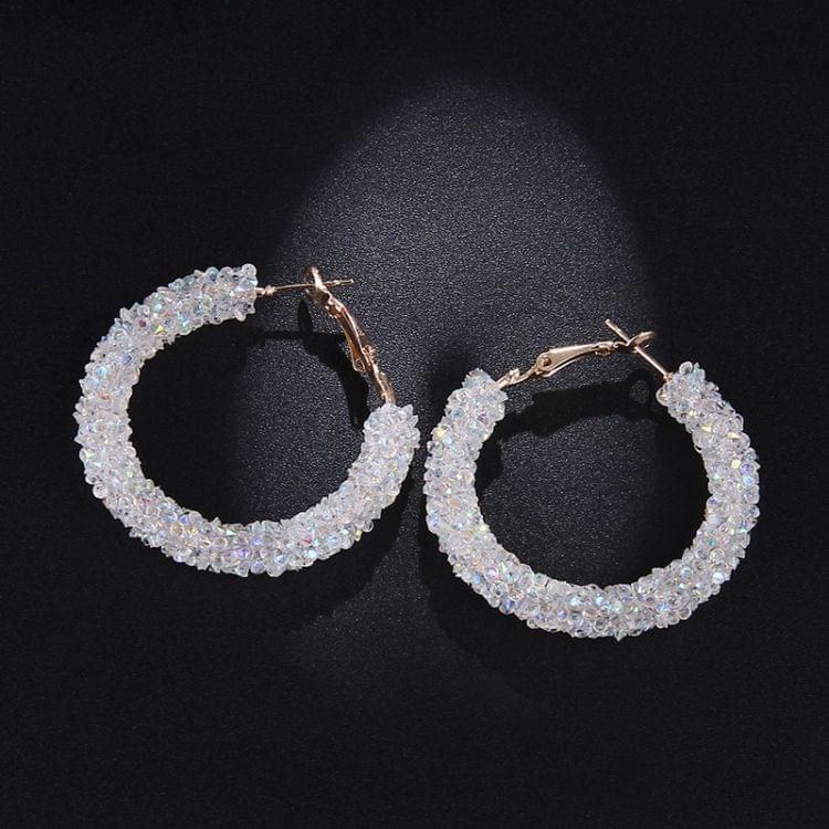 Women Crystal Hoop Earrings Geometric Round Shiny Rhinestone Big Earring Jewelry(White)