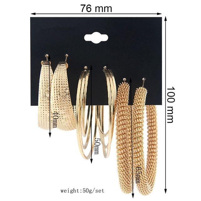 3 Pairs/Set Exaggerated Earrings Combination Set Female Gold Spring Earrings Iron Ring Earrings Jewelry