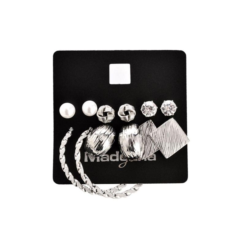 6 Pair/Set Fashion Vintage Alloy Geometric Rhinestone Stud Earrings Set for Women(Silver)