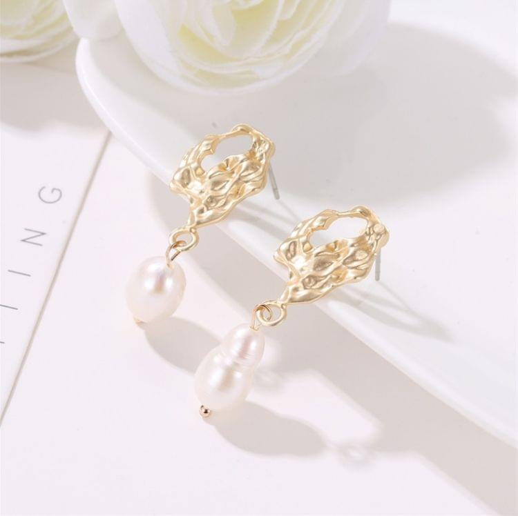 Simple Irregular Geometric Pearl Matte Gold Pleated Earrings