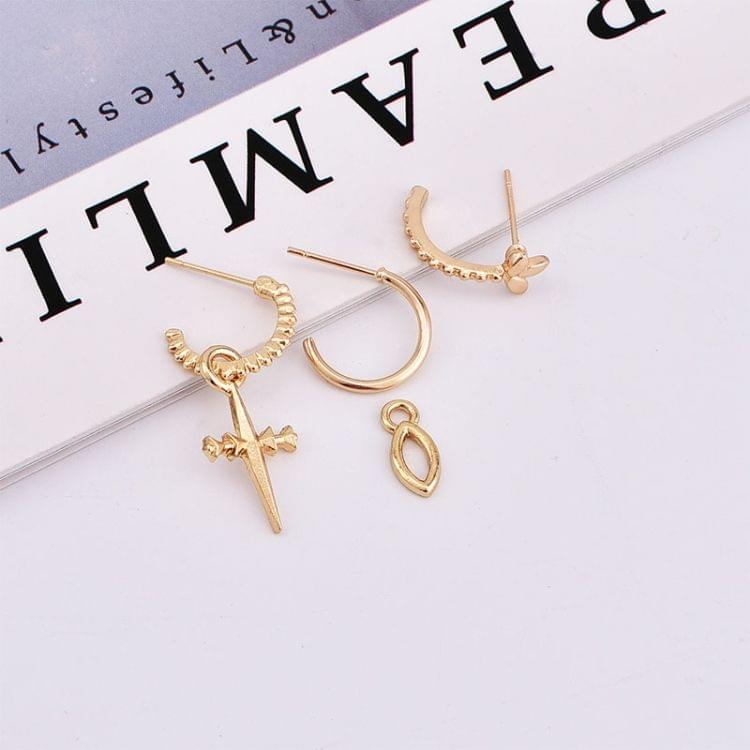 3 PCS Ladies Gold Color Small Hoop Cross Pendant Earrings