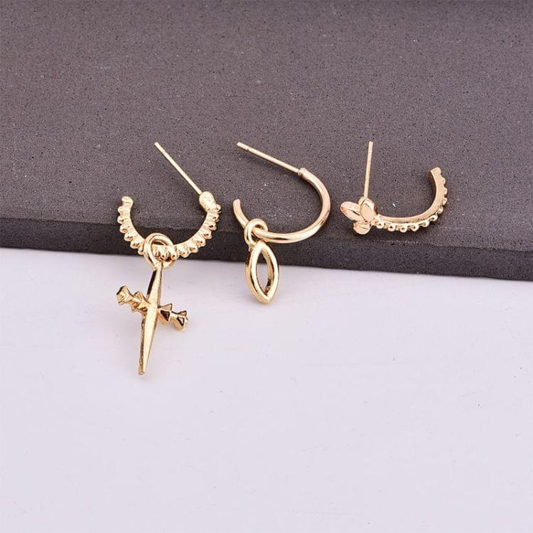 3 PCS Ladies Gold Color Small Hoop Cross Pendant Earrings