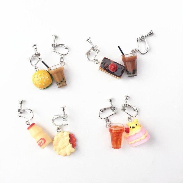 Cute Dessert Asymmetric Resin Drop Earrings(Yakult + Strawberry Biscuit Ear Clips)