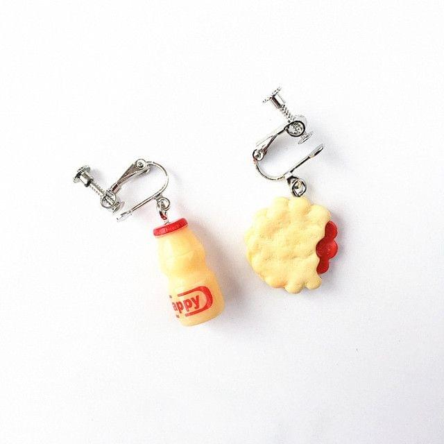 Cute Dessert Asymmetric Resin Drop Earrings(Yakult + Strawberry Biscuit Ear Clips)