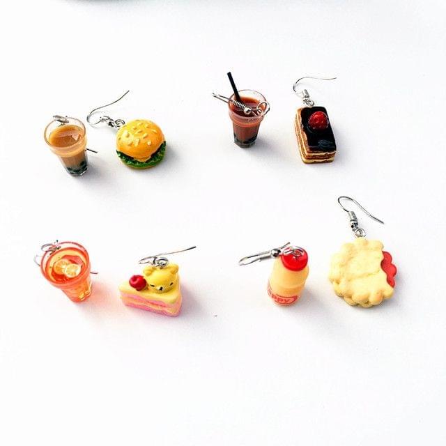 Cute Dessert Asymmetric Resin Drop Earrings(Yakult + Strawberry Biscuit Ear Clips)