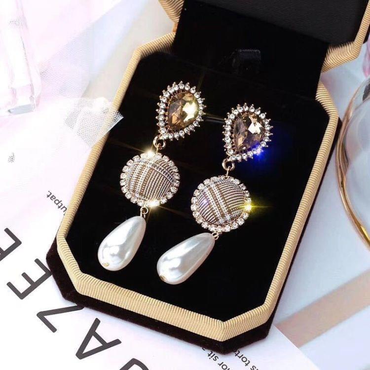 925 Silver Vintage Plaid Geometric Circle Pearl Ladies Earrings