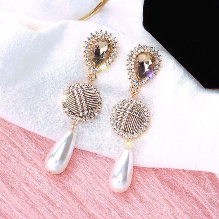 925 Silver Vintage Plaid Geometric Circle Pearl Ladies Earrings