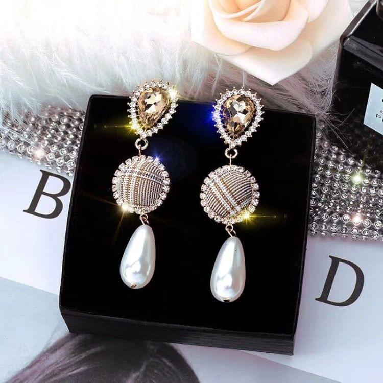 925 Silver Vintage Plaid Geometric Circle Pearl Ladies Earrings