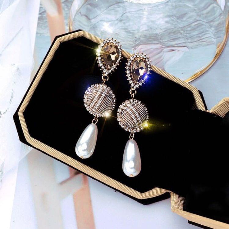 925 Silver Vintage Plaid Geometric Circle Pearl Ladies Earrings