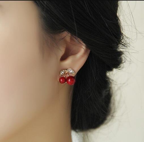 Fashion Lovely Red Cherry Bead Rhinestone Leaf Stud Earrings For Woman