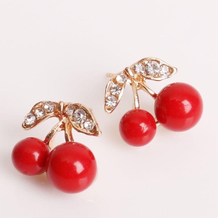 Fashion Lovely Red Cherry Bead Rhinestone Leaf Stud Earrings For Woman