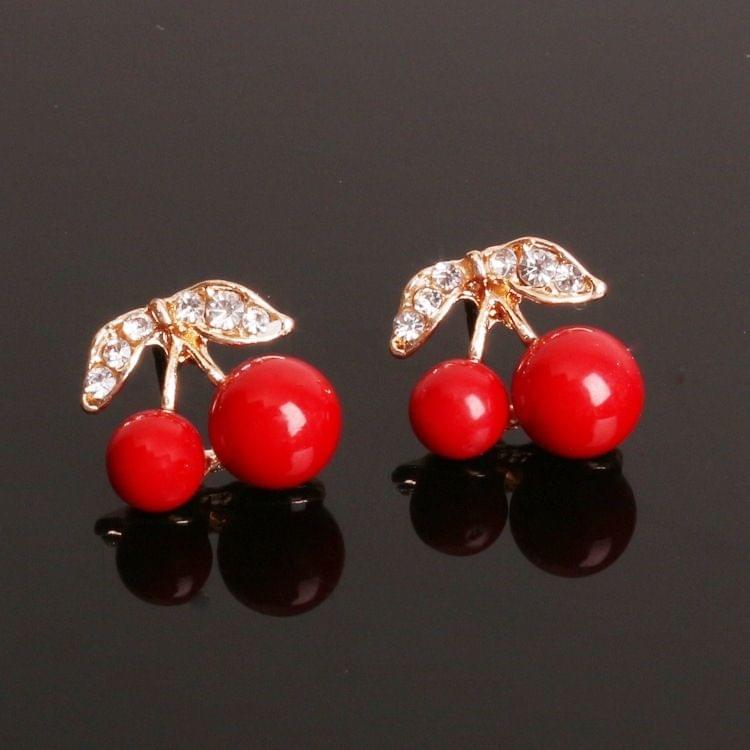 Fashion Lovely Red Cherry Bead Rhinestone Leaf Stud Earrings For Woman