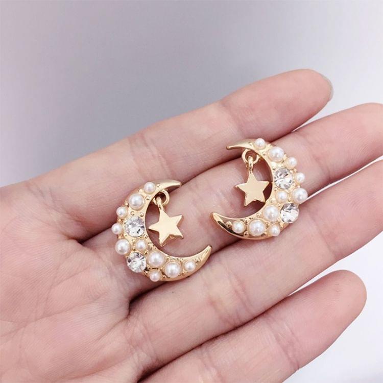 Created Temperament Imitation Pearls Small Star Moon with Diamond Earring for Women(Stud Earring)