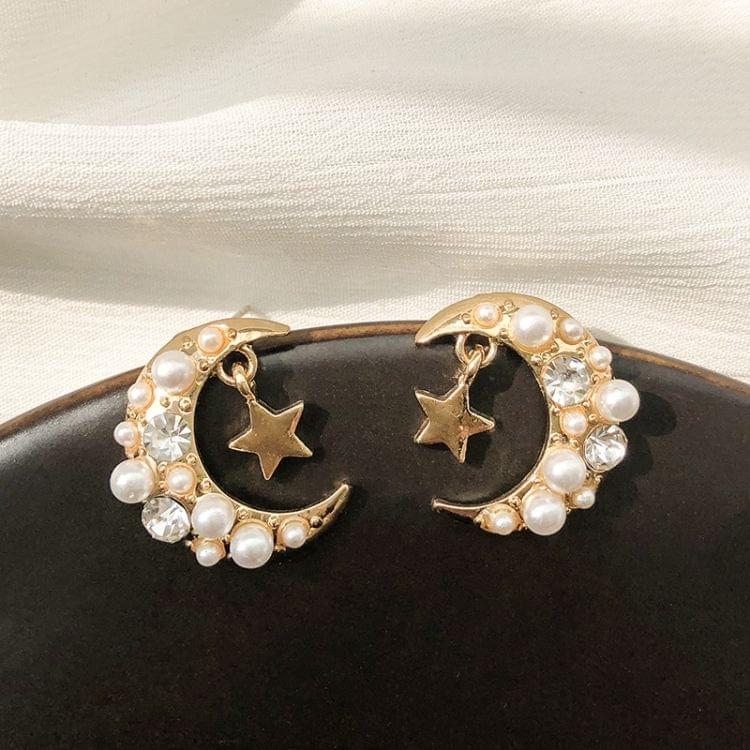 Created Temperament Imitation Pearls Small Star Moon with Diamond Earring for Women(Stud Earring)