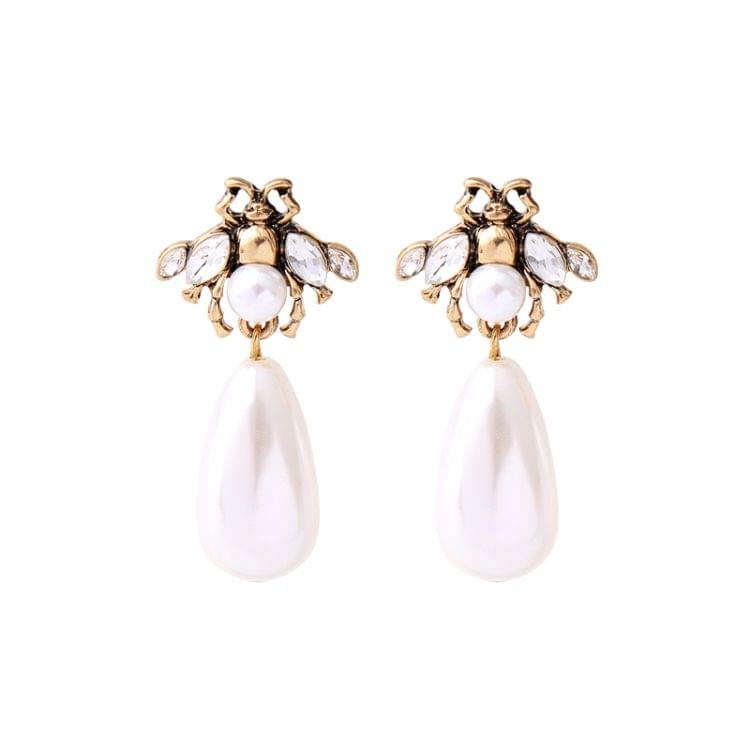 Simple Vintage Fashion Crystal Flower Insect Stud Earrings for Women, Metal Color:with pearl