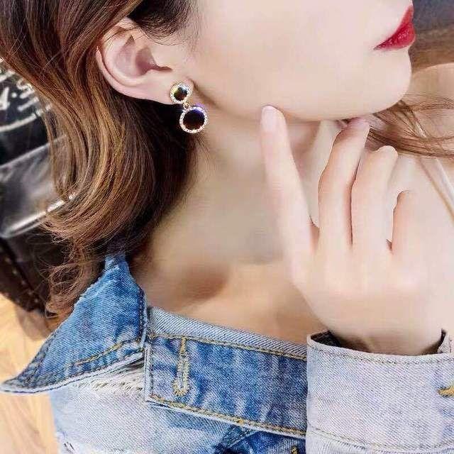 925 Silver Elegant Women Crystal Black Round Short Earrings