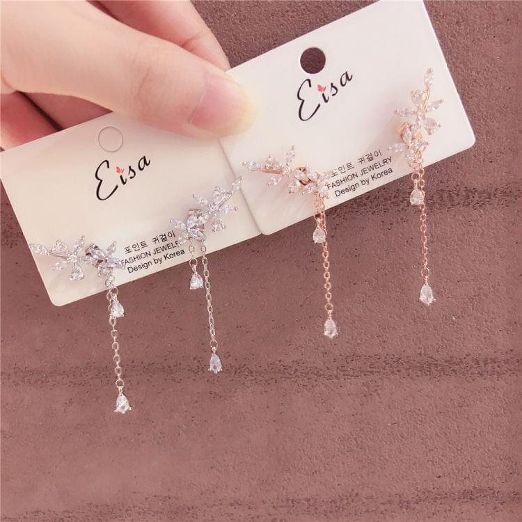 Lady Fashion Leaves Zircon Tassels Rear Hanging Earrings(Silver )