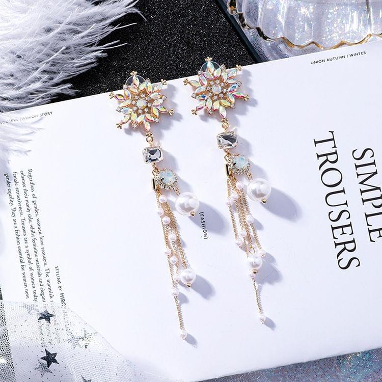 925 Silver Snowflake Simulated Pearl Tassel Long Earrings For Women