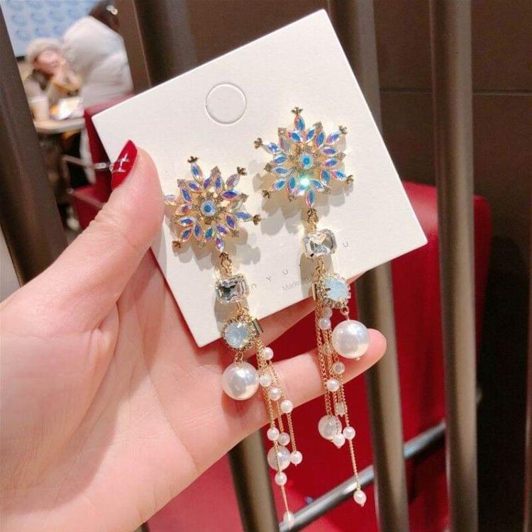 925 Silver Snowflake Simulated Pearl Tassel Long Earrings For Women