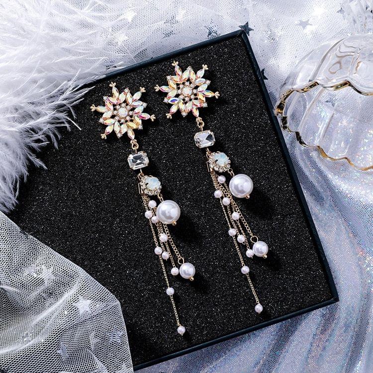 925 Silver Snowflake Simulated Pearl Tassel Long Earrings For Women