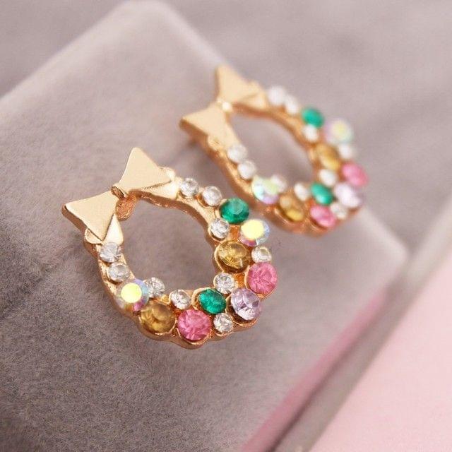 2 PCS Exquisite Super Flash Crystal Colorful Bow Earrings Fashion Female Elegant Earrings