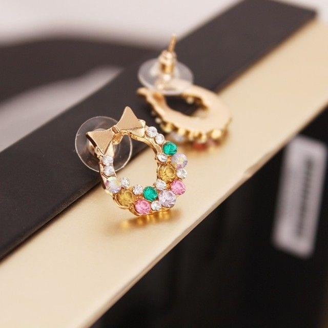 2 PCS Exquisite Super Flash Crystal Colorful Bow Earrings Fashion Female Elegant Earrings