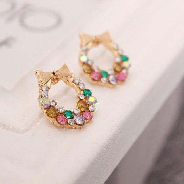 2 PCS Exquisite Super Flash Crystal Colorful Bow Earrings Fashion Female Elegant Earrings