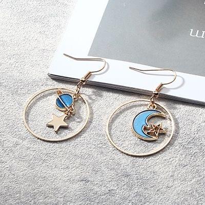 Fashion Romantic Blue Star Moon Long Asymmetric Earrings for Women(B)