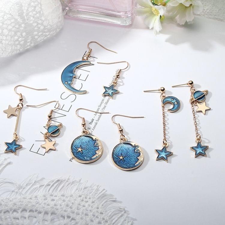 Fashion Romantic Blue Star Moon Long Asymmetric Earrings for Women(B)