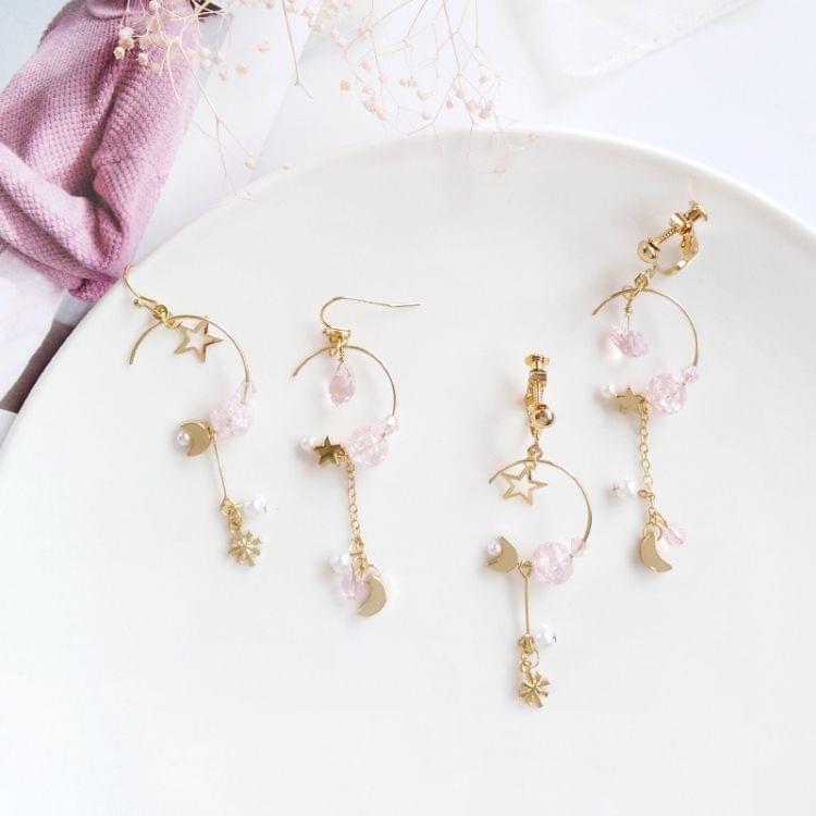 Simple Asymmetry Moon Star Geometric Semicircle Earrings for Women(Pink Hoop Earring)