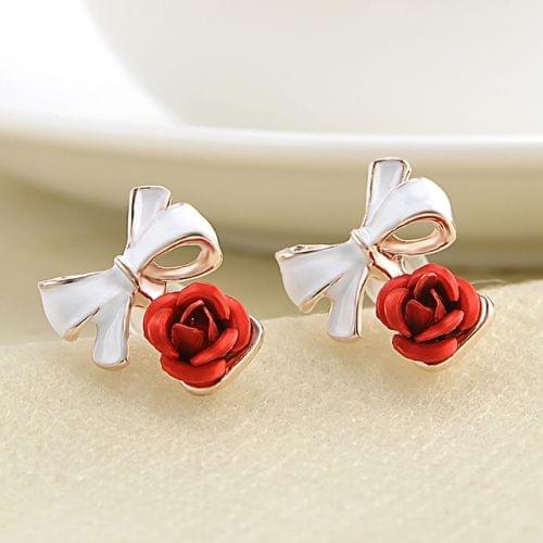 Butterfly Knot Flower Ear Nail Temperament Rose Drop Oil Earrings(Red)