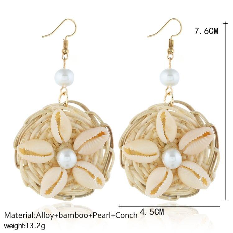 2 Pairs Round Pearl Seashell Rattan Knit Wicker Earings(Brown)