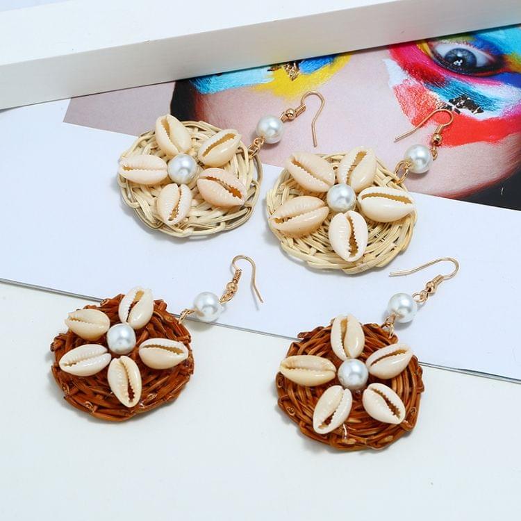 2 Pairs Round Pearl Seashell Rattan Knit Wicker Earings(Brown)