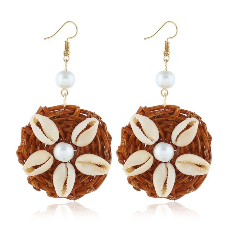 2 Pairs Round Pearl Seashell Rattan Knit Wicker Earings(Brown)