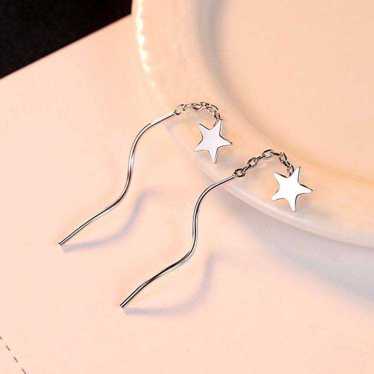 Women Pentagram Star Earrings 925 Sterling Silver Star Stud Dangle Chain Earrings(White)