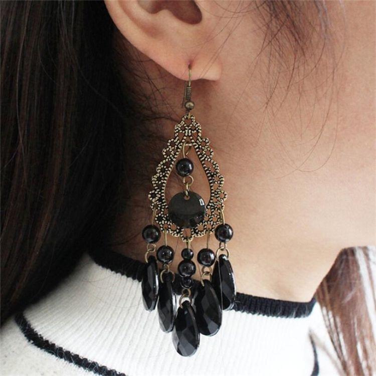 Retro Fashion Hollow Tassel Long Black Waterdrop EarringsFor Women