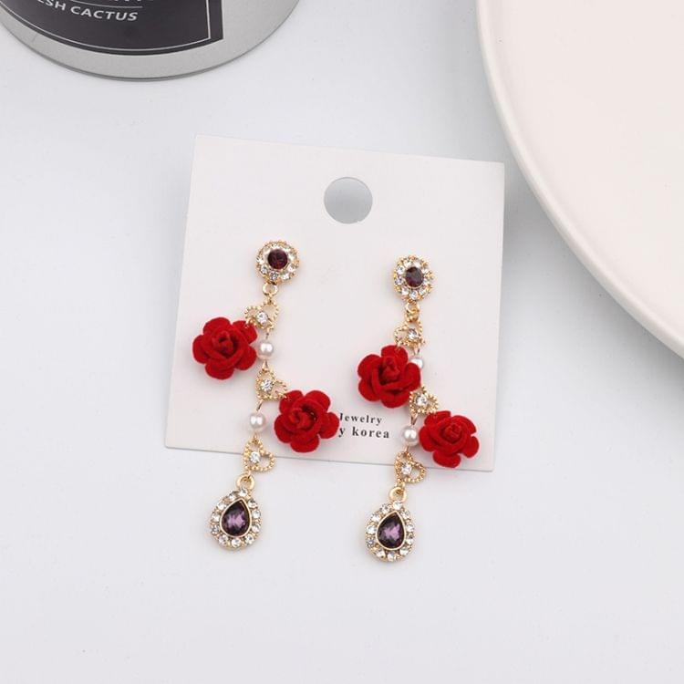 Elegant Red Rose Velvet Flower Long Drop Earrings For Women