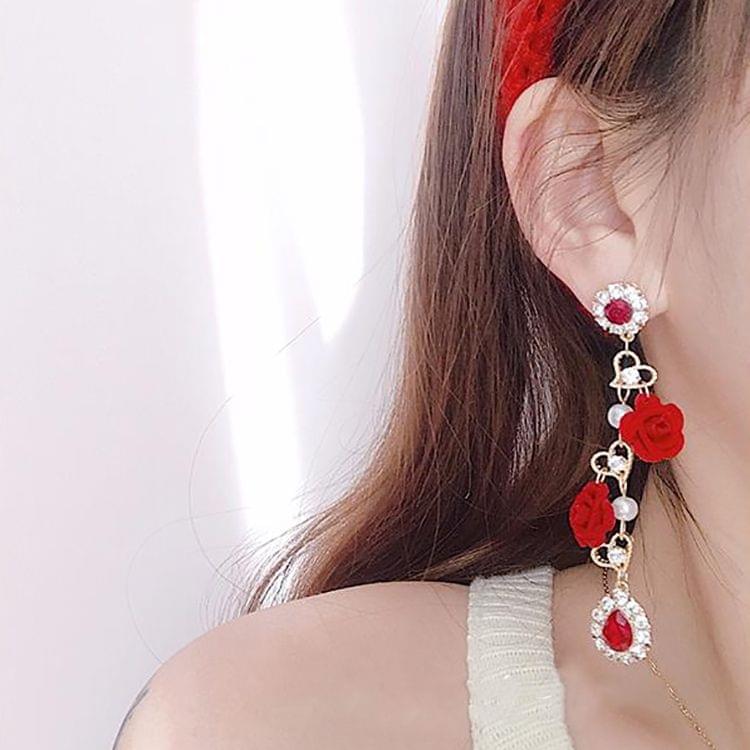 Elegant Red Rose Velvet Flower Long Drop Earrings For Women