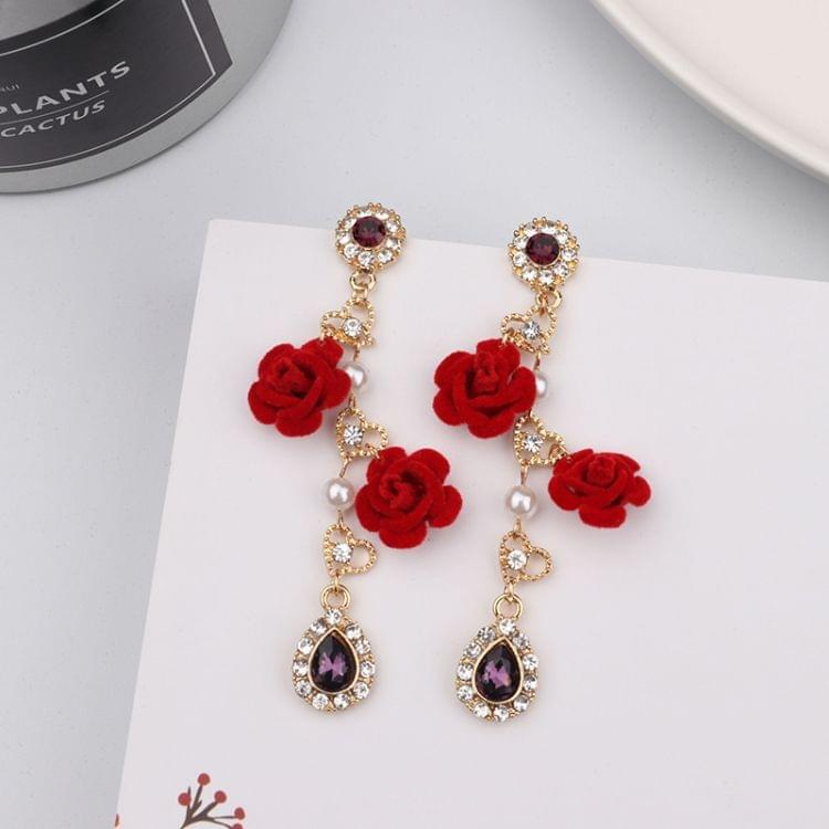 Elegant Red Rose Velvet Flower Long Drop Earrings For Women