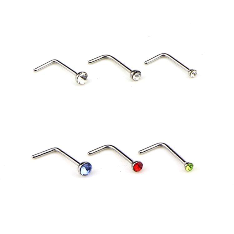 60 PCS Color Mixed Diamond Shape Stainless Steel Nose Stud Rings L Shaped Piercing Jewelry,Pin Length: 7mm, pin diameter: 0.6mm (White)