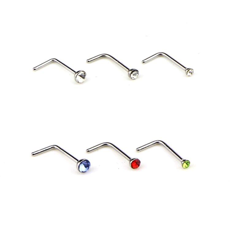 60 PCS Color Mixed Diamond Shape Stainless Steel Nose Stud Rings L Shaped Piercing Jewelry,Pin Length: 7mm, pin diameter: 0.6mm (White)