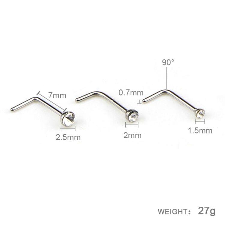 60 PCS Color Mixed Diamond Shape Stainless Steel Nose Stud Rings L Shaped Piercing Jewelry,Pin Length: 7mm, pin diameter: 0.6mm (White)