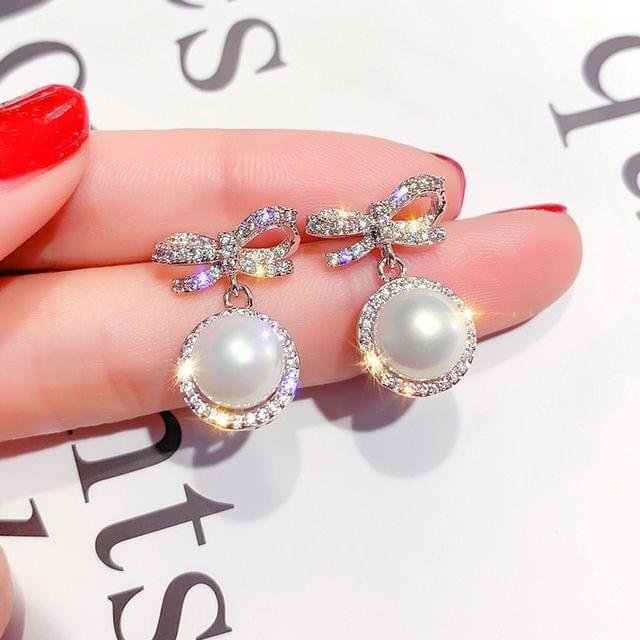 925 Silver Zircon Bow Temperament Pearl Earrings Female Simple Earrings